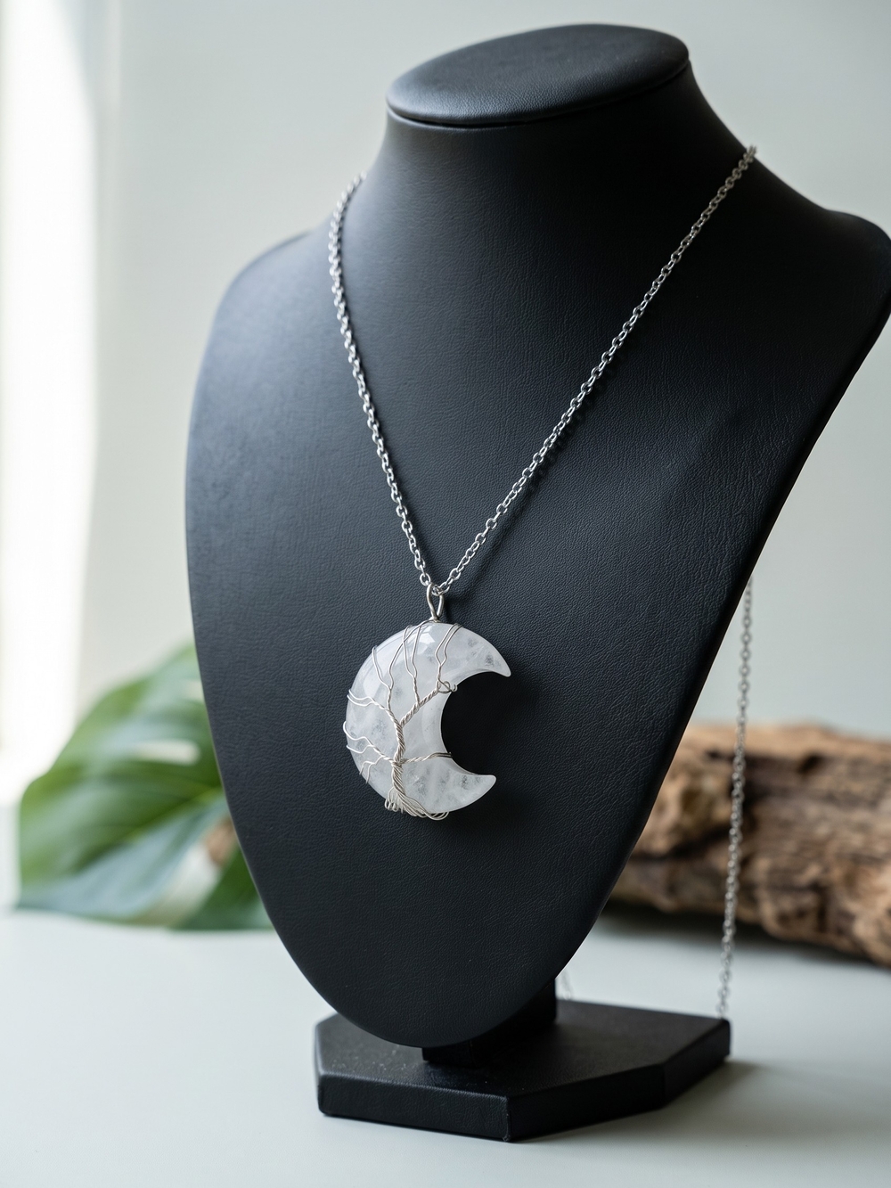 Crescent Moon Tree of Life Necklace in White Crystal